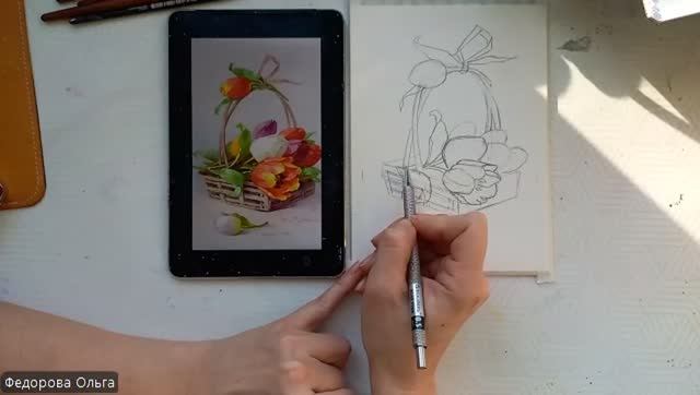 Гуашь. Корзинка с тюльпанами