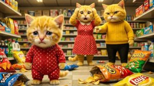 Рыжий котёнок тайком ест чипсы – мама-кошка узнаёт и ругает его!