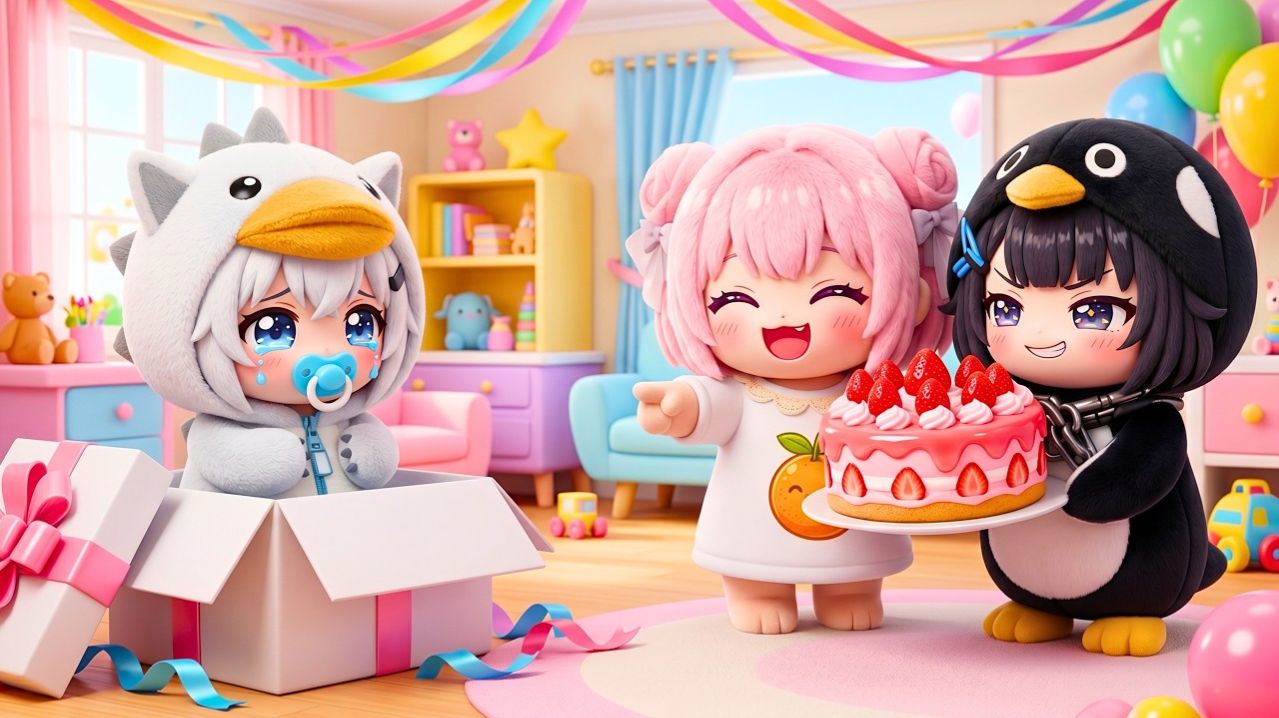 Пингвиненок Гугу Гага пытается пережить хаос Белого Чиби с помощью домашнего клубничного торта