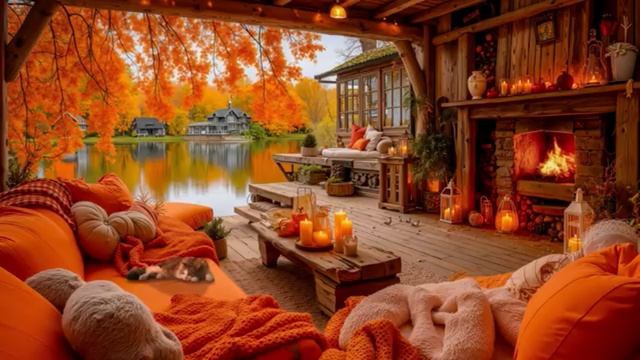 🏡 Деревенский̆ отдых на берегу озера | Нежная музыка, журчанье воды и камин на осенней веранде 🍁
