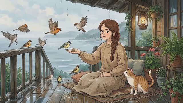 Каваии-видео: уютный дождливый день у моря