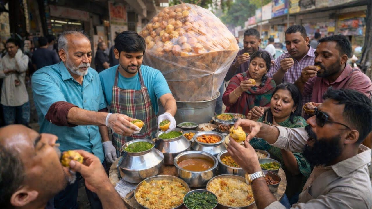 В самом оживленном Индийском  Процесс приготовления уличной еды для дедушек и внуков