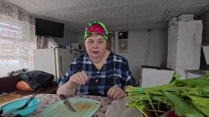 На даче готовлю зелёные щи. Привезли помидоры, парни собирают ёмкость для компоста.  Новый  костюм.