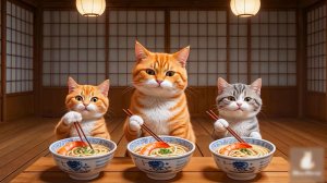 😹Мама кошечка со своими маленькими котятками ест вкусный рамен с креветками🔥