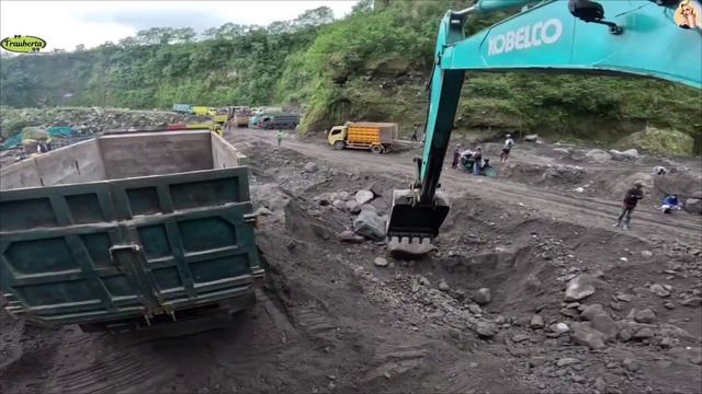 Строительство, экскаватор копает песок