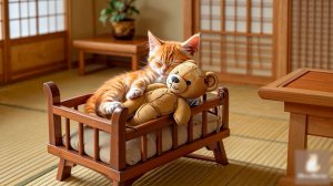 😹Милый маленький котёночек нежно спит в кроватке с плюшевым мишкой🔥