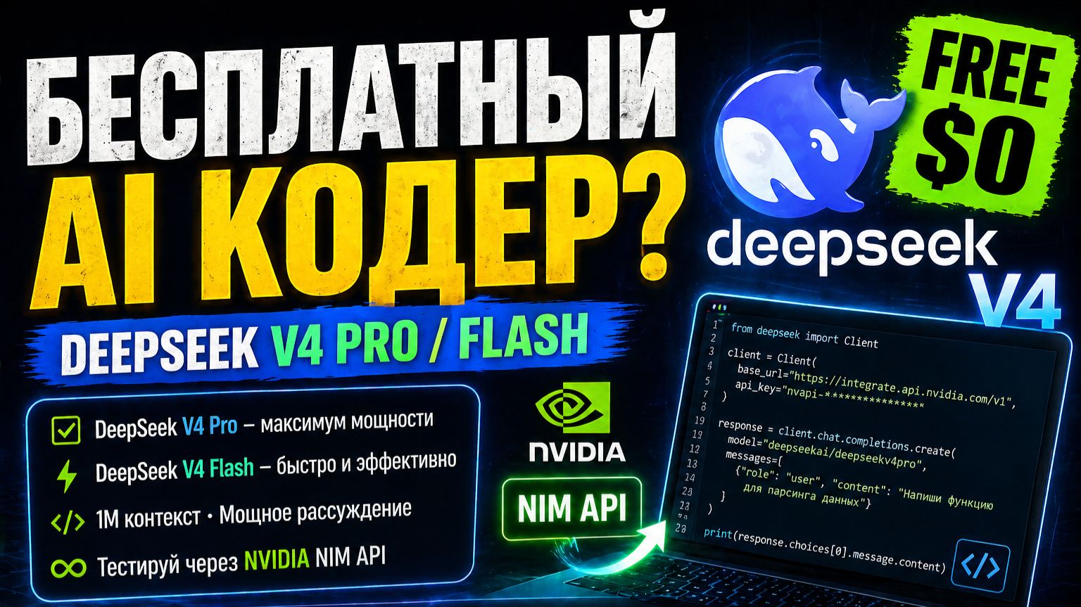 Бесплатный DeepSeek-V4 Pro и Flash через NVIDIA NIM API: как это работает? 🤖