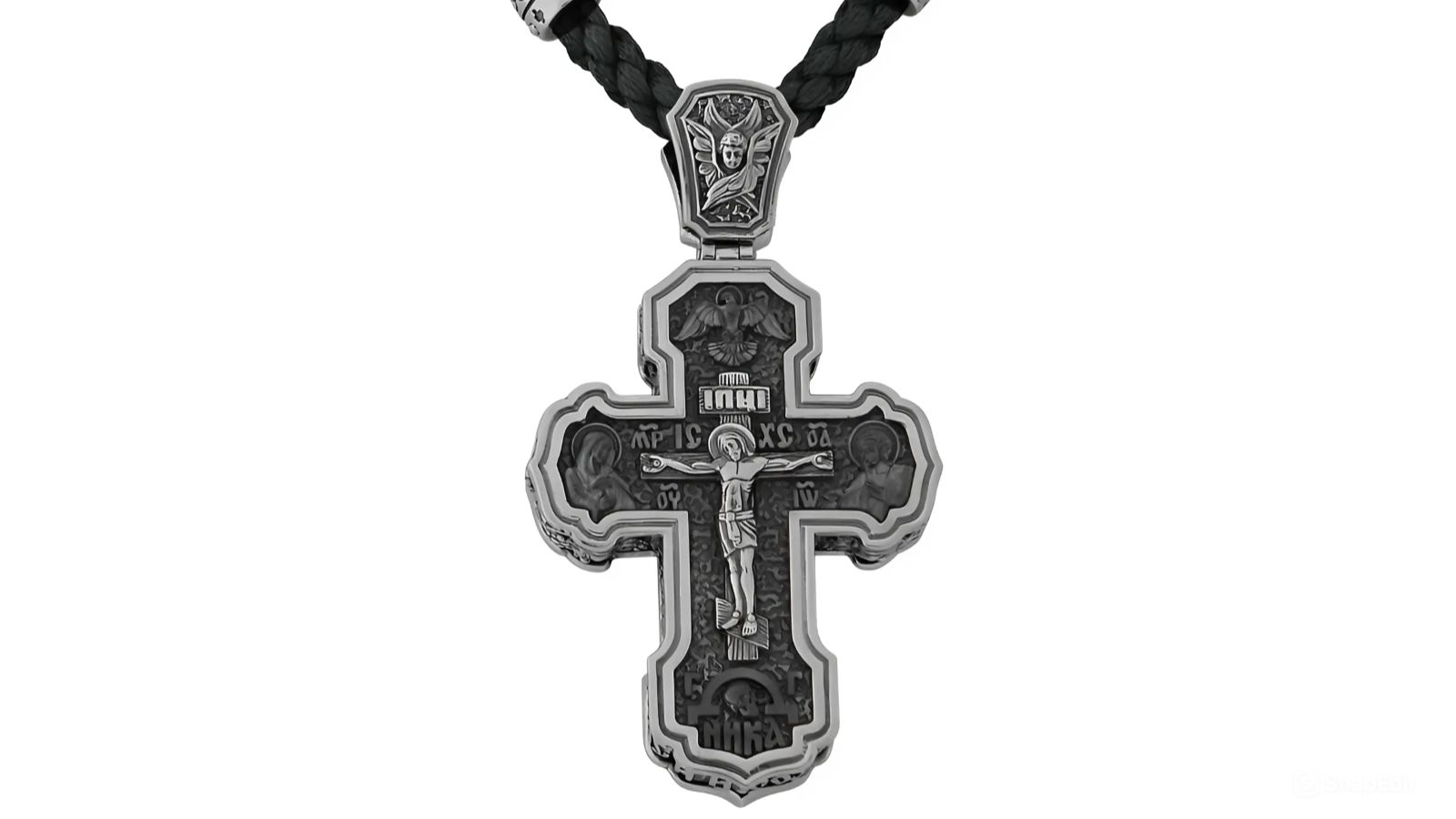 Крест на гайтане «Распятие, Ангел Хранитель» серебро 925 проба (арт. МРКГ-1-Ч)