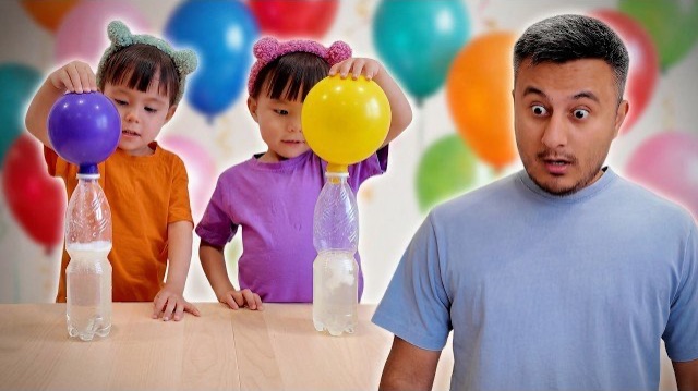 Папа показывает Twin Twin, как надувать шарики 🎈с помощью научного эксперимента!🧪