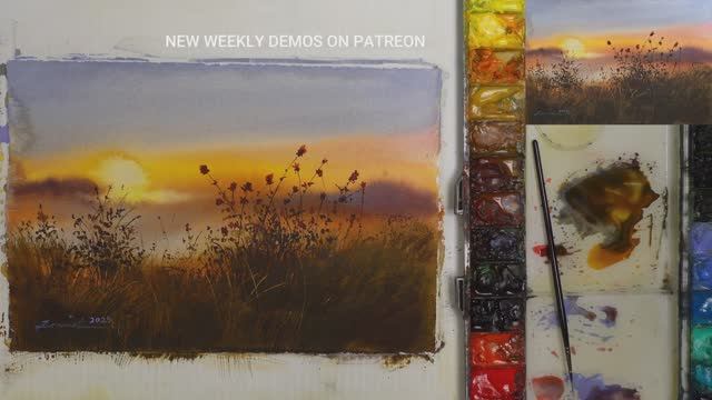 Закат и силуэты полевых цветов акварелью