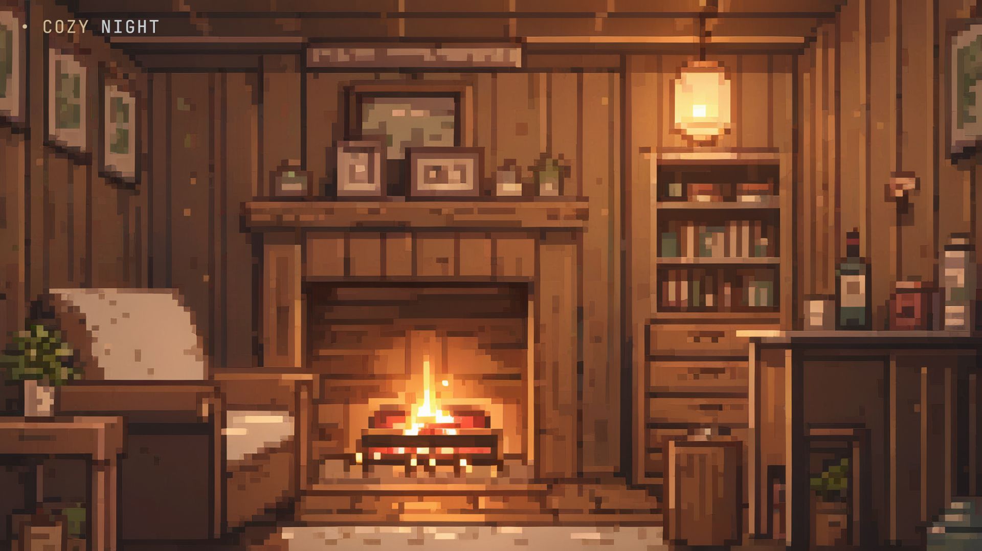 Камин в деревянном доме — уютная фоновая анимация