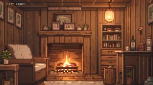 Камин в деревянном доме — уютная фоновая анимация