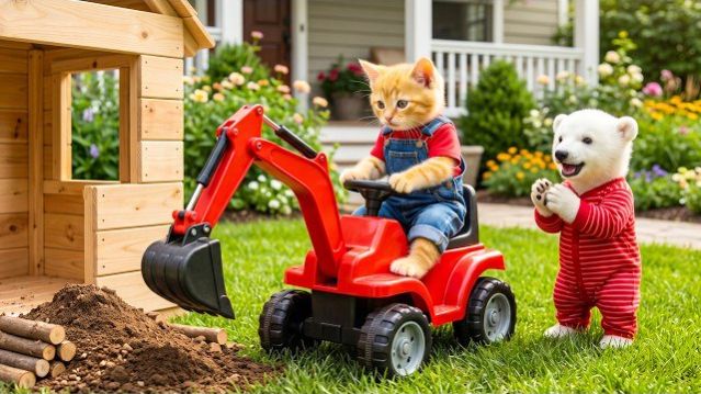 Рыжий котёнок управляет экскаватором, чтобы построить дом – помогая медвежонку обрести жильё 🐱