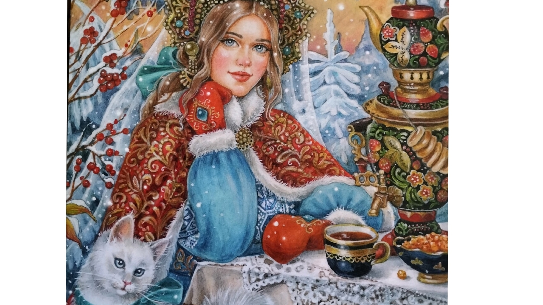 Девушка в кокошнике и белый кот