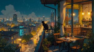 Lofi Balcony in Japan Rainy 🌧️🐾 Cozy Cat & City Lights  Relaxing Lofi Ambience for Study & Sleep