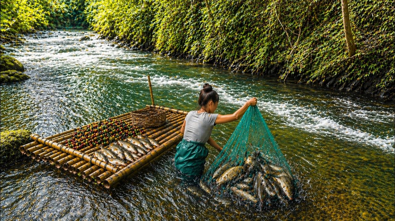 Fishing And Harvesting Stream Fish. Picking Wild Mulberries To Sell.