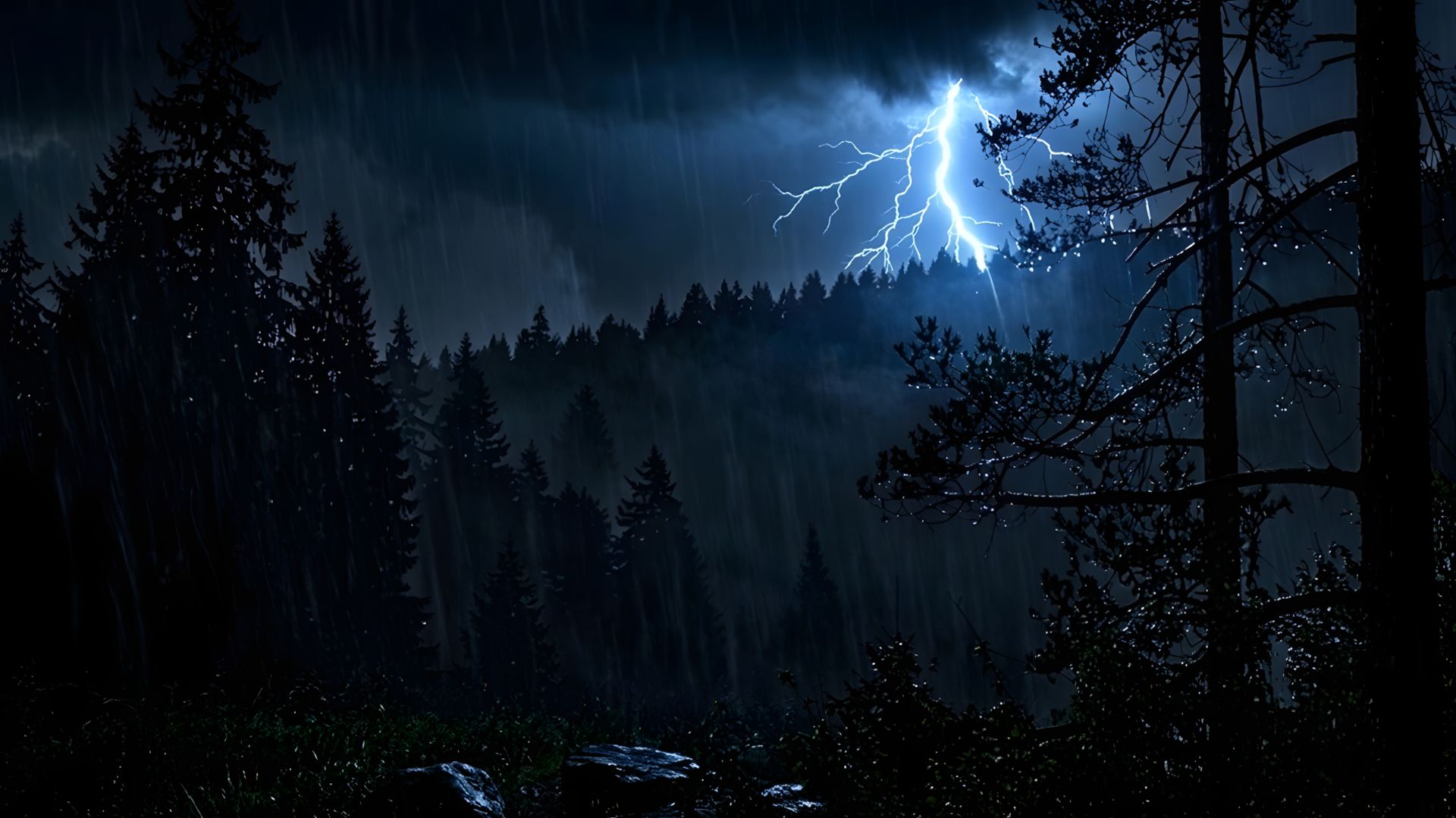 Сильный ливень и вспышки молний в туманной чаще соснового леса.🌲⚡