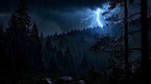 Сильный ливень и вспышки молний в туманной чаще соснового леса.🌲⚡