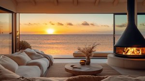 🌅 Вечерний джаз у моря с камином | Спокойная музыка для отдыха и уюта