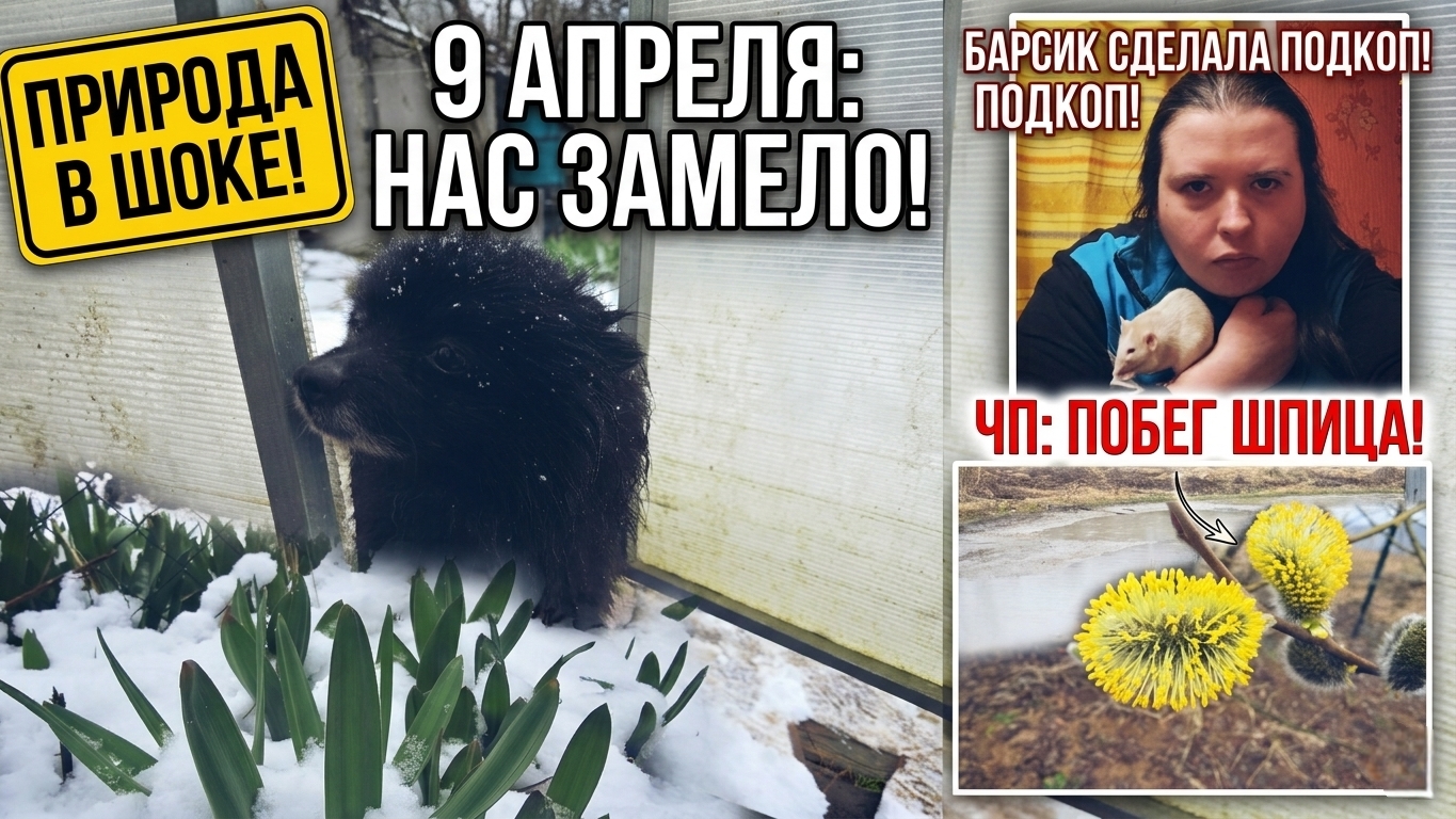 ЧП в огороде: Барсик сделала подкоп и сбежала! Апрельский снег и уборка в теплице.