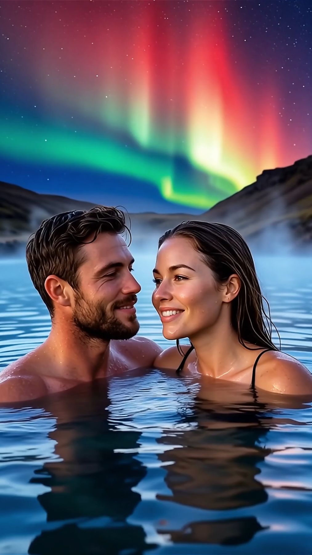 Термальный источник и северное сияние в Исландии