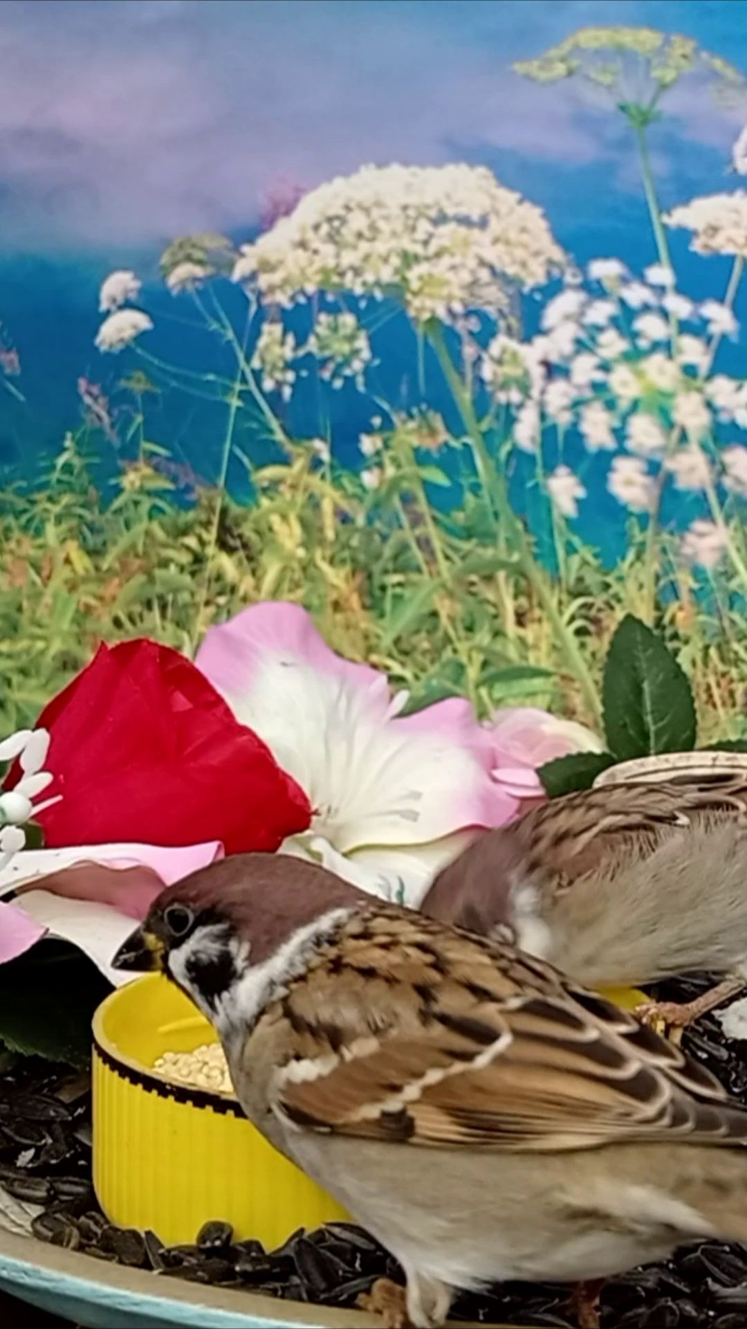 Воробьи и Синицы посещают кормушку