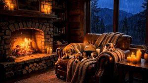 Звуки дождя и камина для сна 🐶 Уютная ночь в домике с собаками и грозой