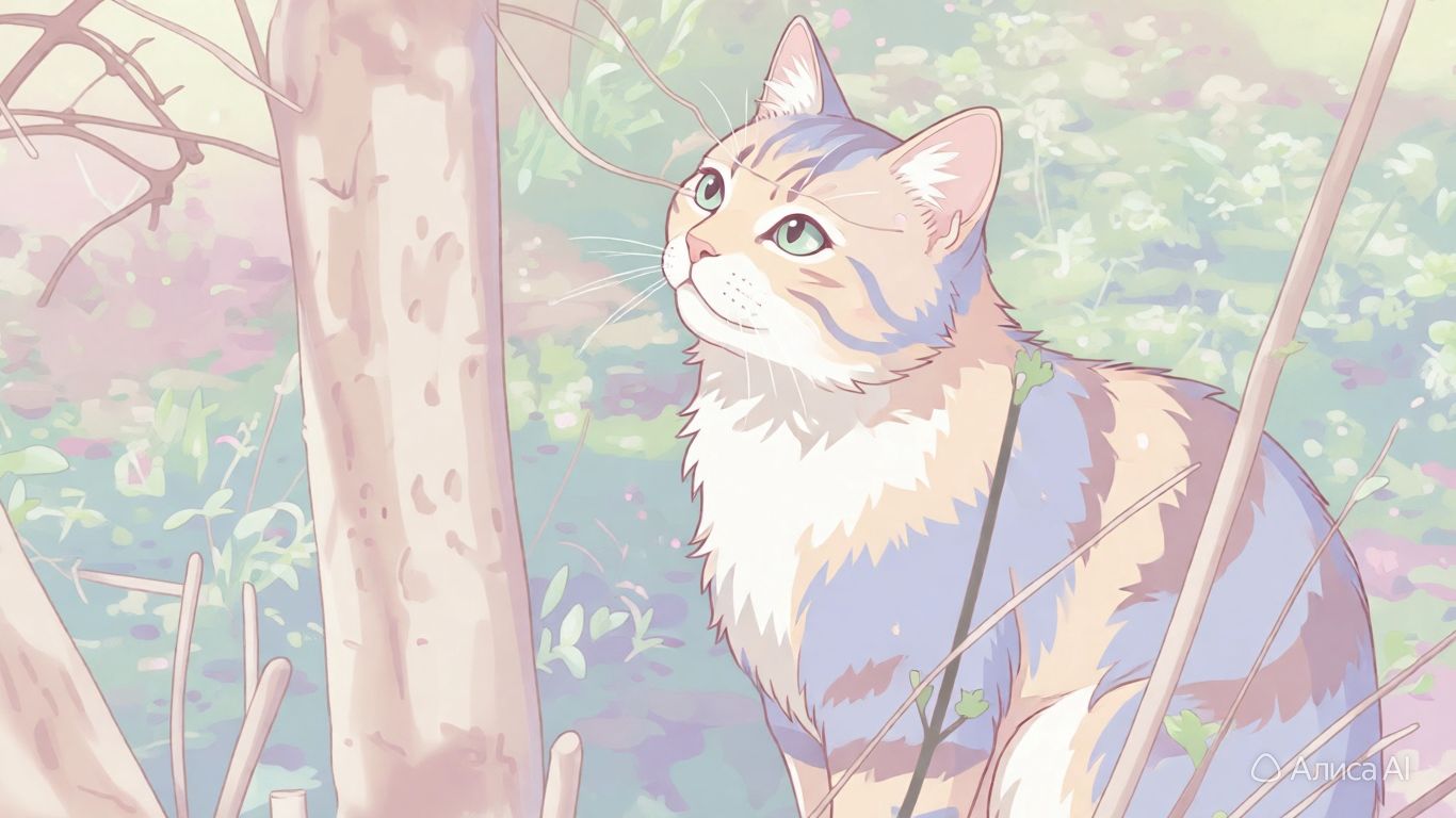 Кошка следит за воробушком