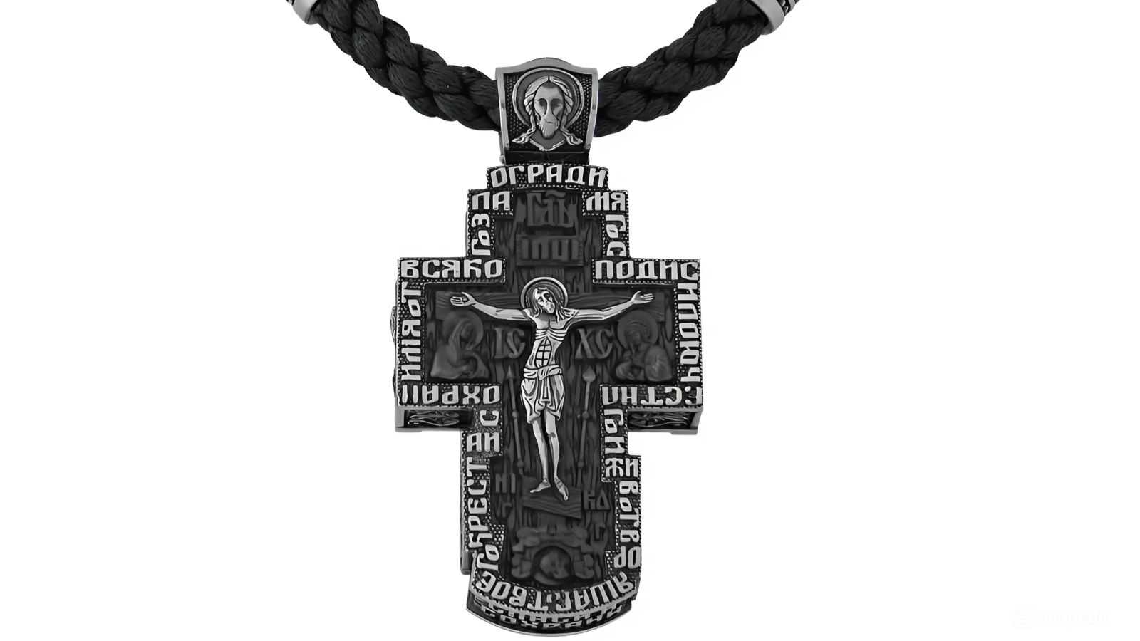 Крест на гайтане «Распятие, Ангел Хранитель» серебро 925 проба (арт. МРКГ-3-Ч)