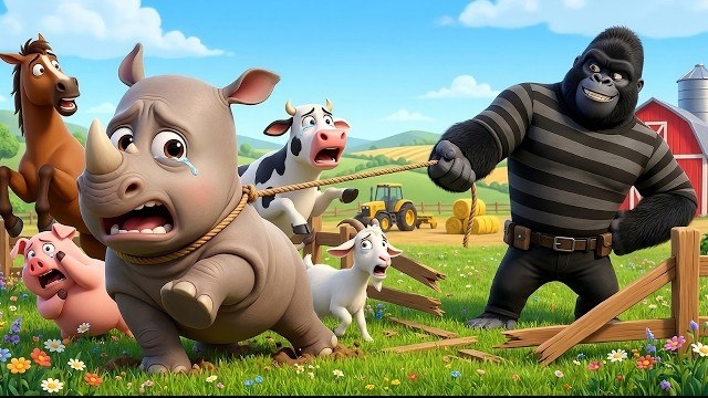 Забавная обезьянка | Храбрая Нана спасает детеныша Носорога и защищает свой сад! | Мультфильм