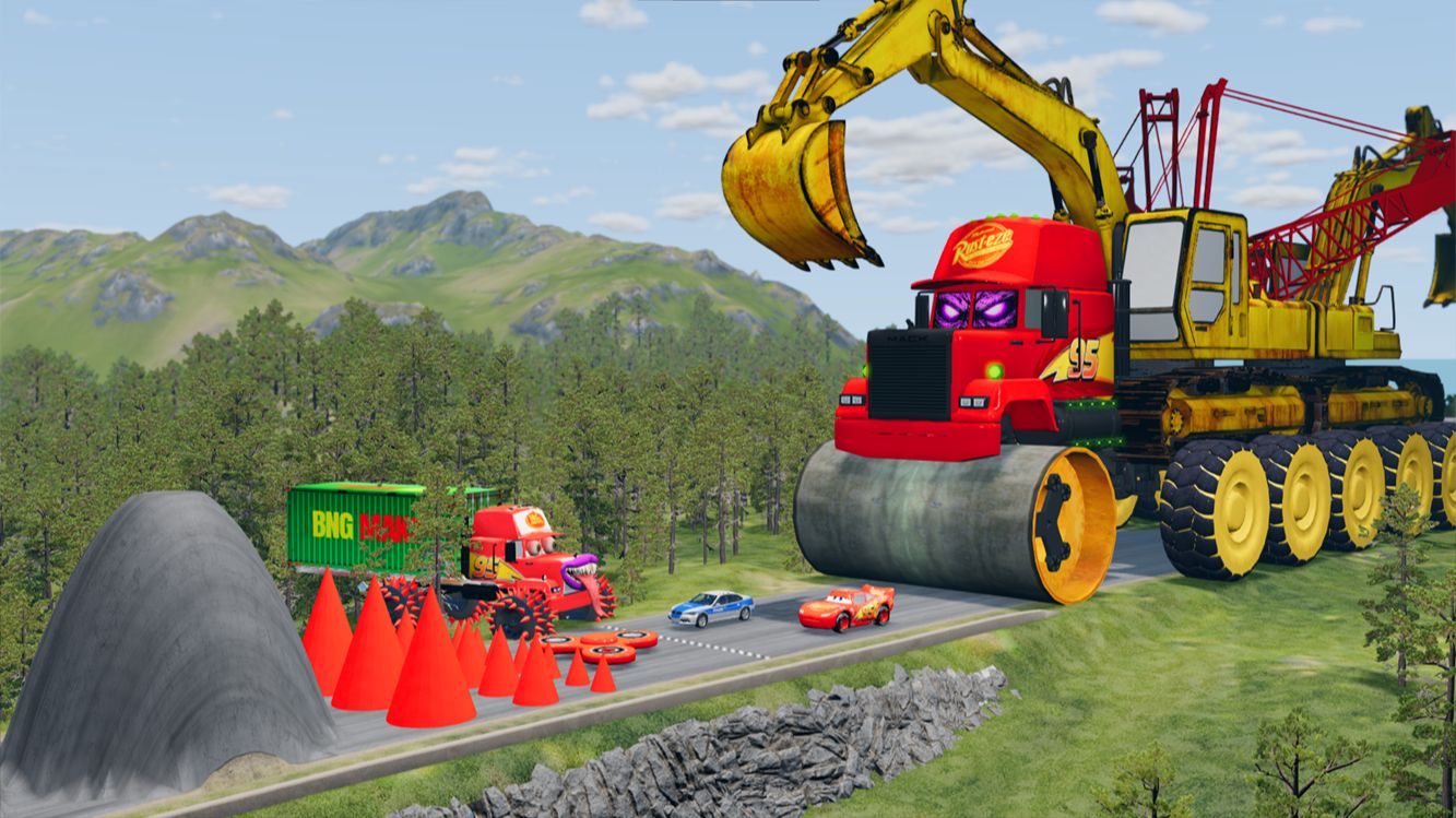 Монстр бульдозер против Молнии Маквин и полицейской машины! Кто выстоит?