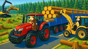 🐻🌲Рабочие-медведи передвигают гигантские бревна 🐻🌲  Анимация сельскохозяйственной техники