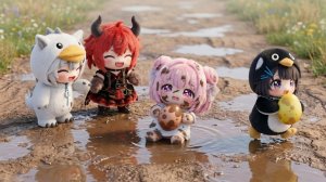 Пингвин Гугу Гага защищает подарок Дороти от Чиби Красного и Чиби Белого