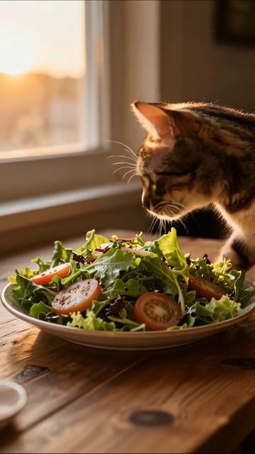 Кошка исследует салат: мгновение природы #кот #салат #домашниеживотные