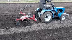 Обработка почвы с помощью мотоблока Угра, с фрезами гусиные лапки навешанного на минитрактор Василëк