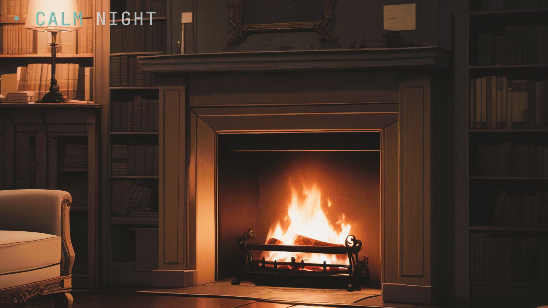 Камин и книжные полки — спокойная анимация для сна