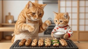 Рыжий котенок и мама—кошка работают в магазине Якитори, а потом отдыхают в горячем источнике! ♨️