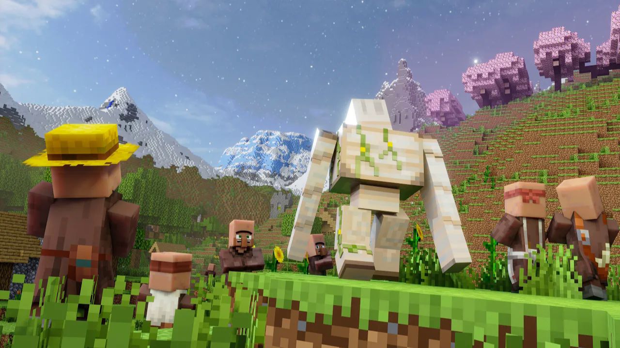 Страж деревни: железный голем и жители в гармонии с природой Майнкрафт