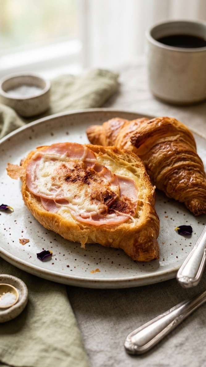 Круассаны, запеченные с яйцом, сыром и ветчиной