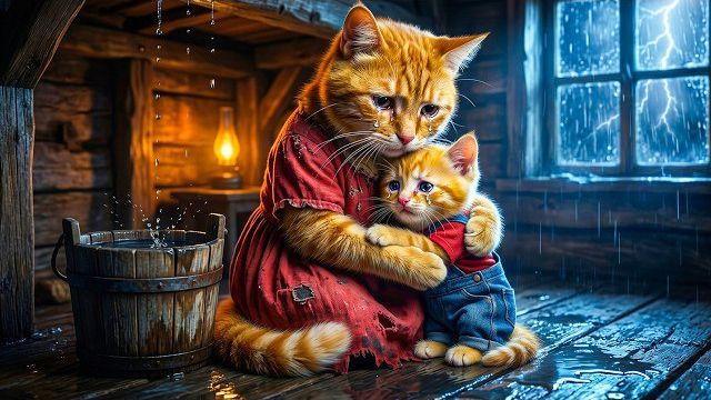 Мама-кошка пыталась уберечь рыжего котёнка от дождя… Но то, что случилось дальше, было неожиданным