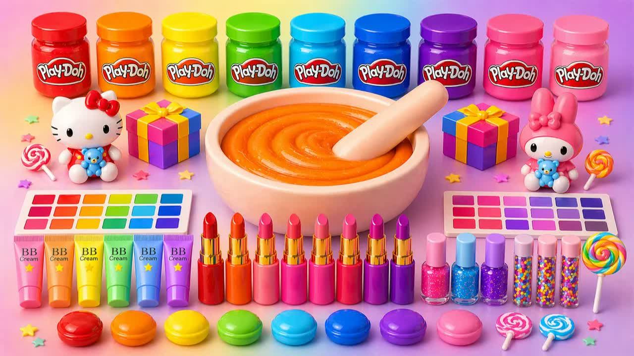 ASMR слайм видео  DIY Радужный Май Мелоди облачный слайм с косметикой тенями уходом и блёстками