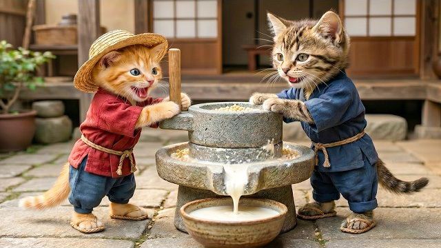 Рыжий котёнок и мама-кошка показали своё мастерство в приготовлении супер-вкусного соевого молока