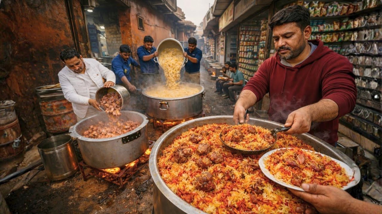 Приготовление бирьяни из баранины в Лакнауи на узкой улочке фильм об огромном количестве уличной еды