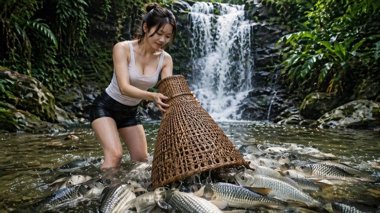 Традиционные навыки рыбной ловли: девушка ловит гигантскую рыбу в глубоком ручье | Ли Тиу Ким Куонг