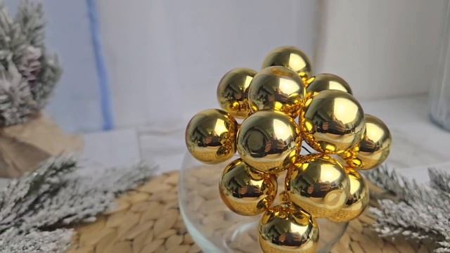 ГРОЗДЬ стеклянных глянцевых шариков на проволоке 12 шаров по 25 мм цвет: золотой 2000646