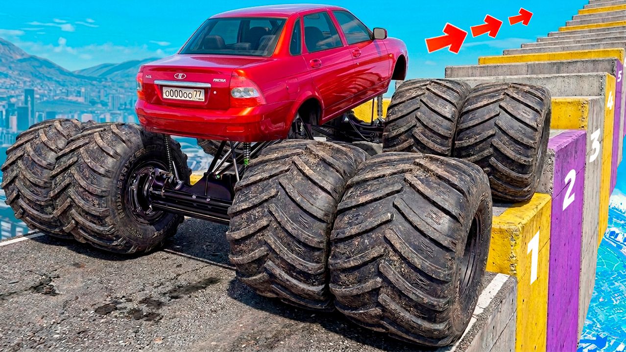 Как далеко сможет чит монстр трак забраться по ступенькам лестницы? Эксперименты ГТА 5