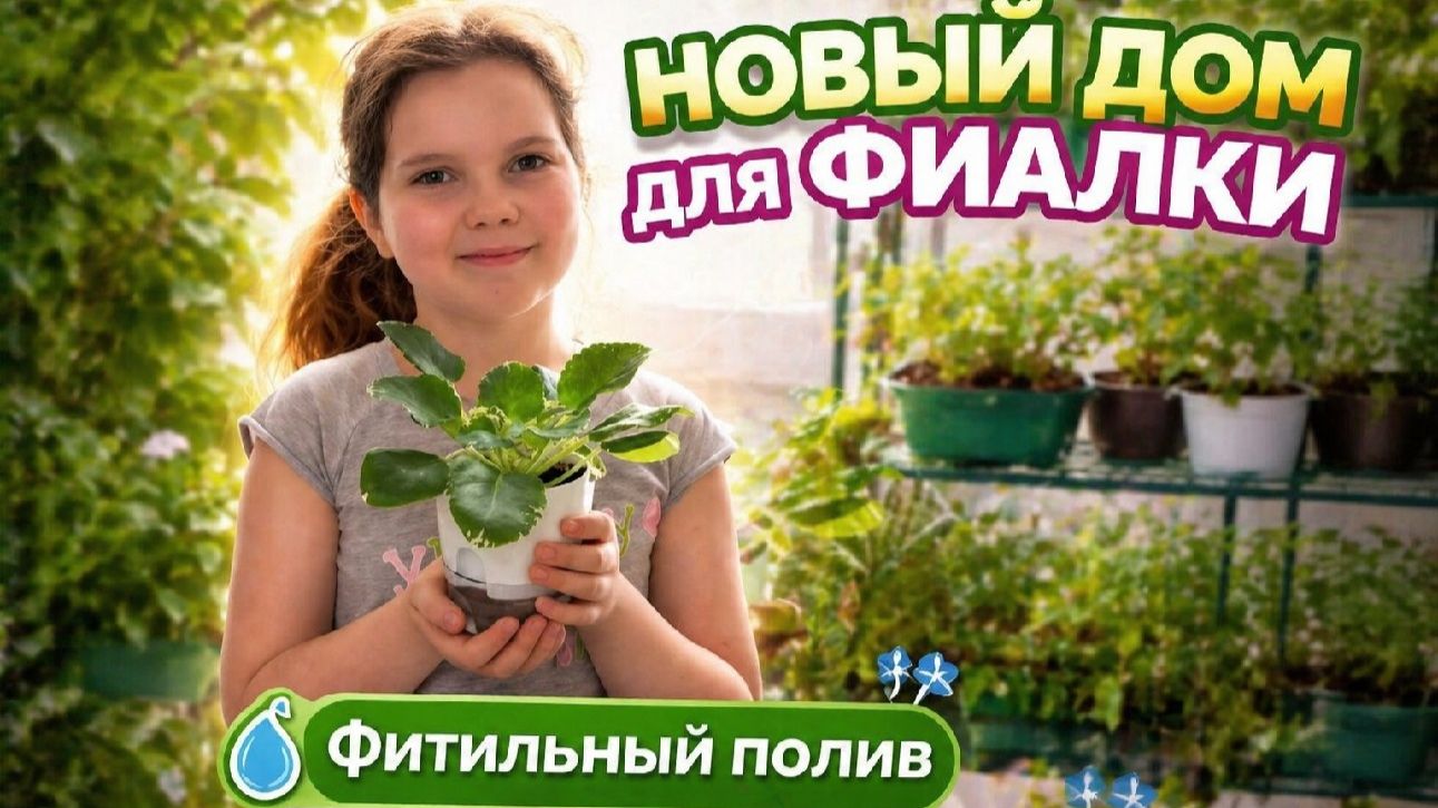 Большой переезд нашей фиалки. Таня пересаживает цветок в горшок с фитильным поливом