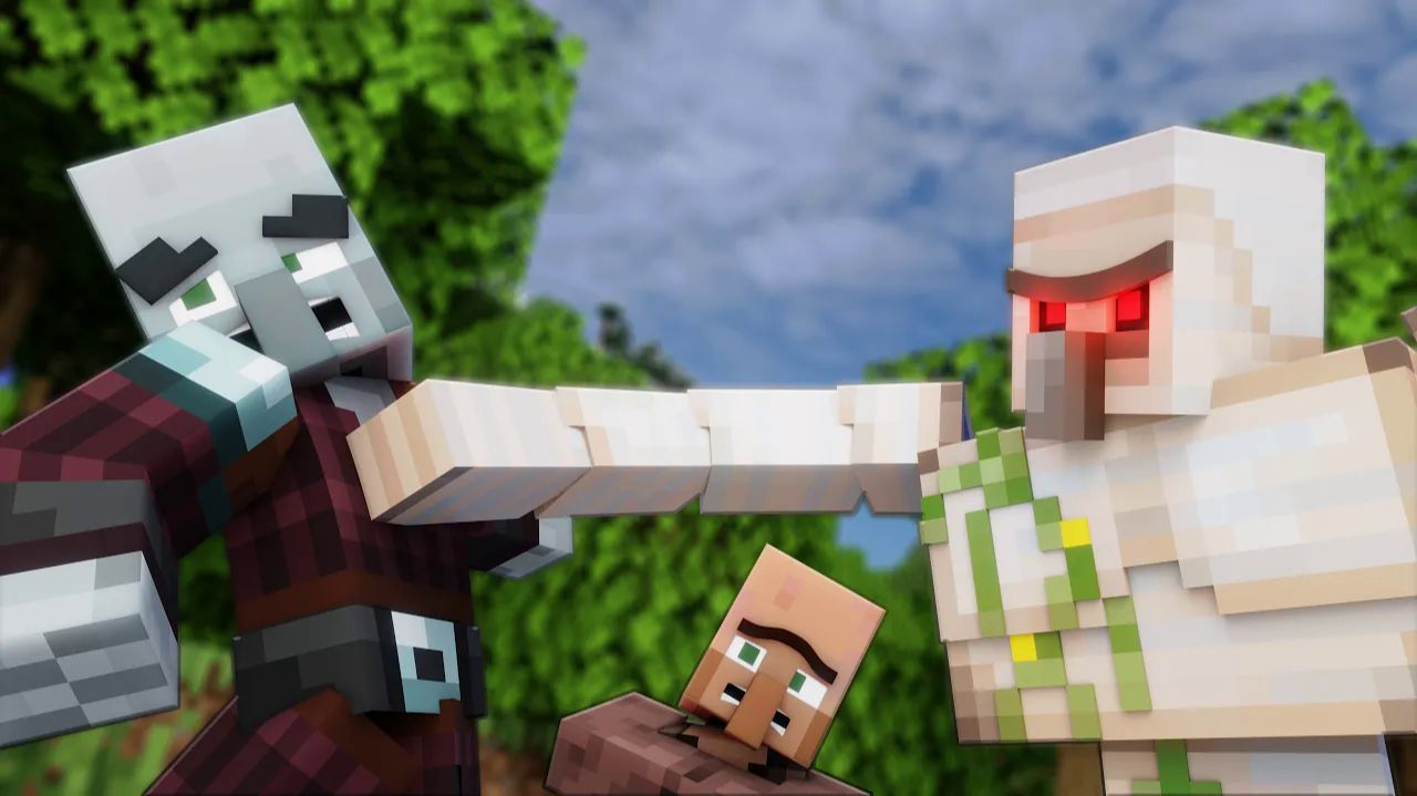 Клановая битва: голем, разбойник и житель в смертельной схватке Майнкрафт