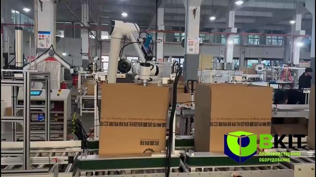 Кейспакер (картонатор) с кобот-укладчиком сверху слоями пакетов в короб