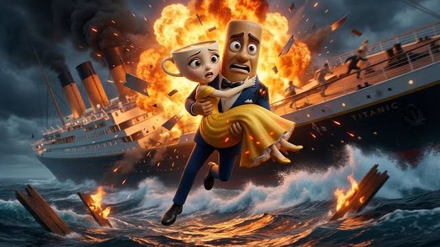 Тунг Тунг Тунг Сахур несёт Балерину и прыгает с взрывающегося корабля в море